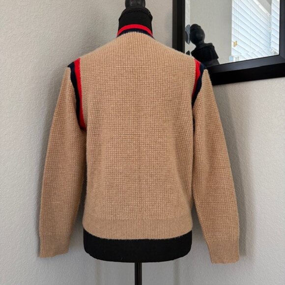 J Crew Cashmere Waffle Knit Cardigan Sweater Camel Tan Striped XS - Picture 6 of 14